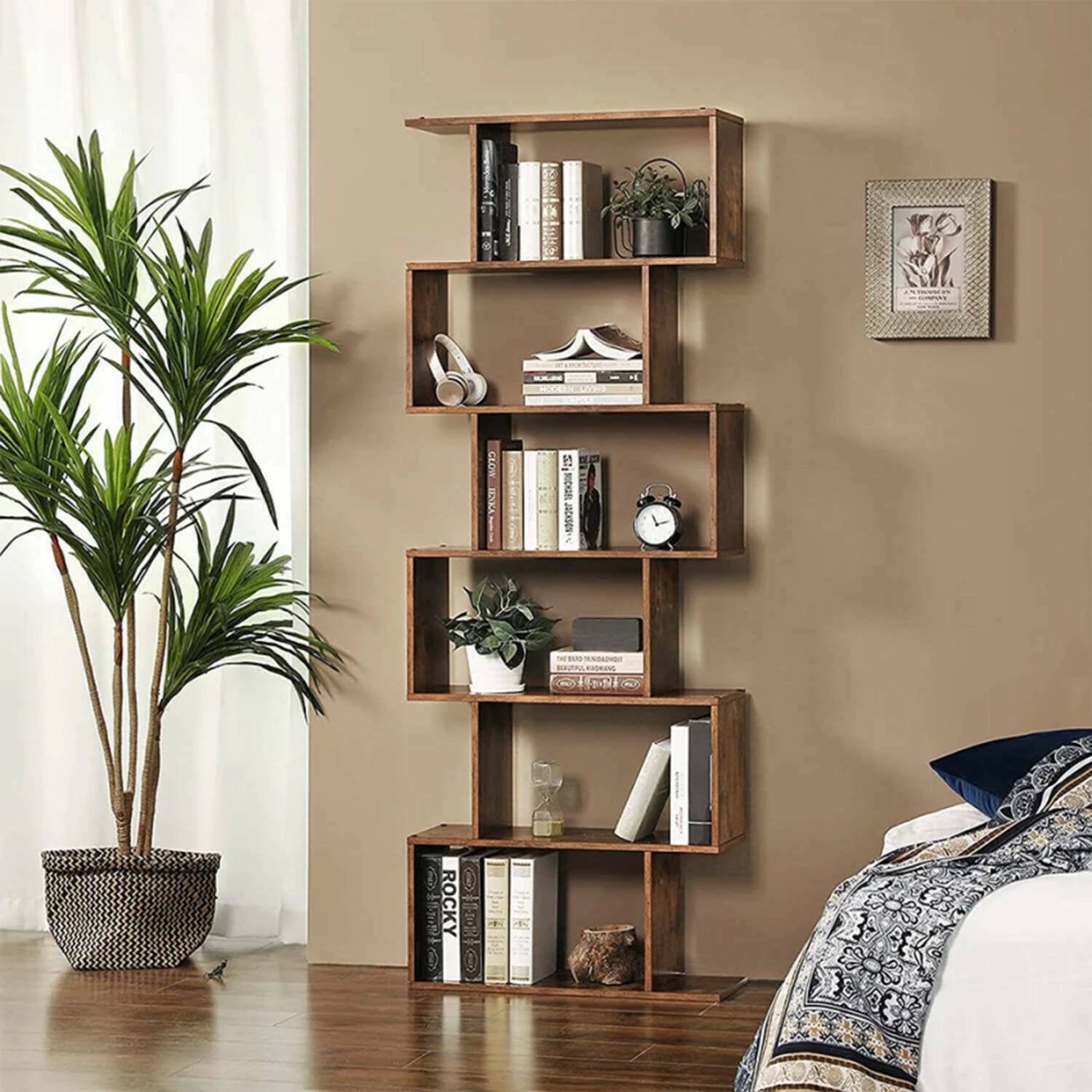 Libreria alta bifacciale a 6 Alowha, Made in Italy, Scaffale per libri e documenti, Libreria a zig zag da ufficio, cm 80x25h192, Acero