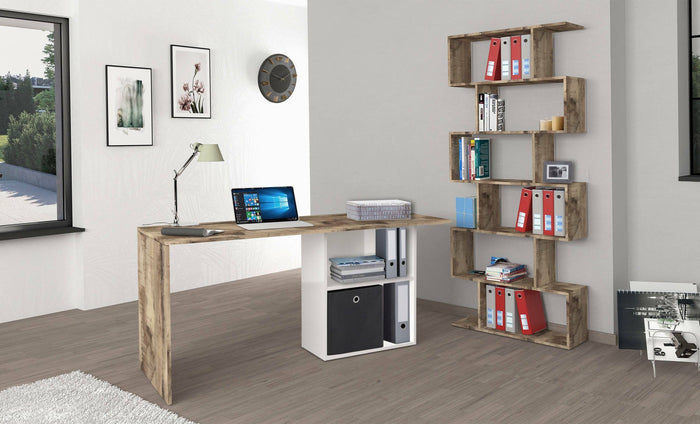 Scrivania lineare per ufficio e studio con Antioco, Made in Italy, Tavolo minimal, Scrittoio porta PC, cm 110x50h75, Bianco lucido e Acero
