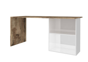 Scrivania lineare per ufficio e studio con Antioco, Made in Italy, Tavolo minimal, Scrittoio porta PC, cm 110x50h75, Bianco lucido e Acero