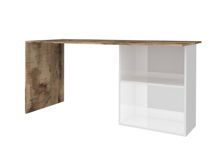 Scrivania lineare per ufficio e studio con Antioco, Made in Italy, Tavolo minimal, Scrittoio porta PC, cm 110x50h75, Bianco lucido e Acero