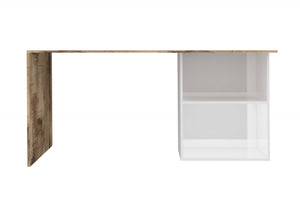 Scrivania lineare per ufficio e studio con Antioco, Made in Italy, Tavolo minimal, Scrittoio porta PC, cm 110x50h75, Bianco lucido e Acero