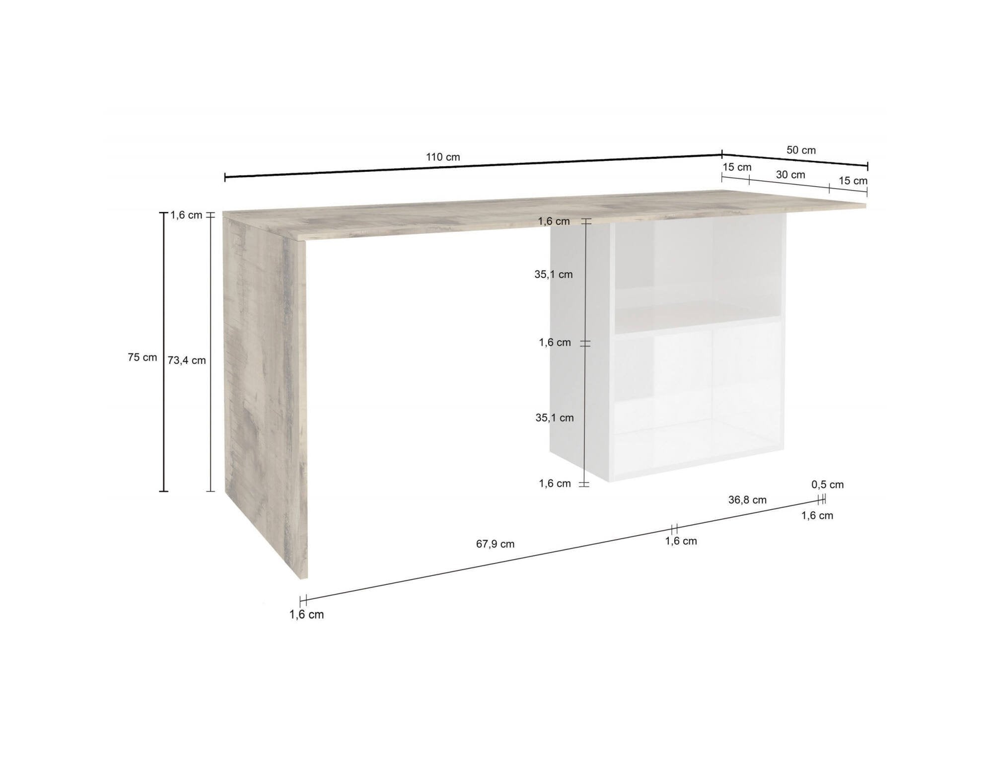 Scrivania lineare per ufficio e studio con Antioco, Made in Italy, Tavolo minimal, Scrittoio porta PC, cm 110x50h75, Bianco lucido e Acero