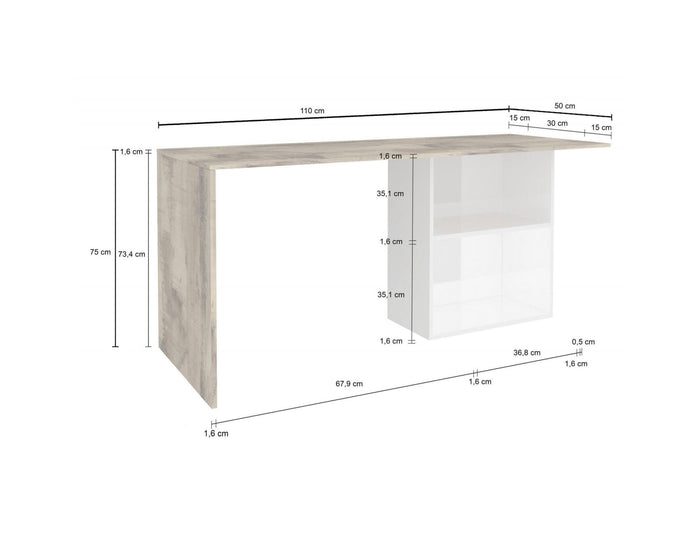 Scrivania lineare per ufficio e studio con Antioco, Made in Italy, Tavolo minimal, Scrittoio porta PC, cm 110x50h75, Bianco lucido e Acero
