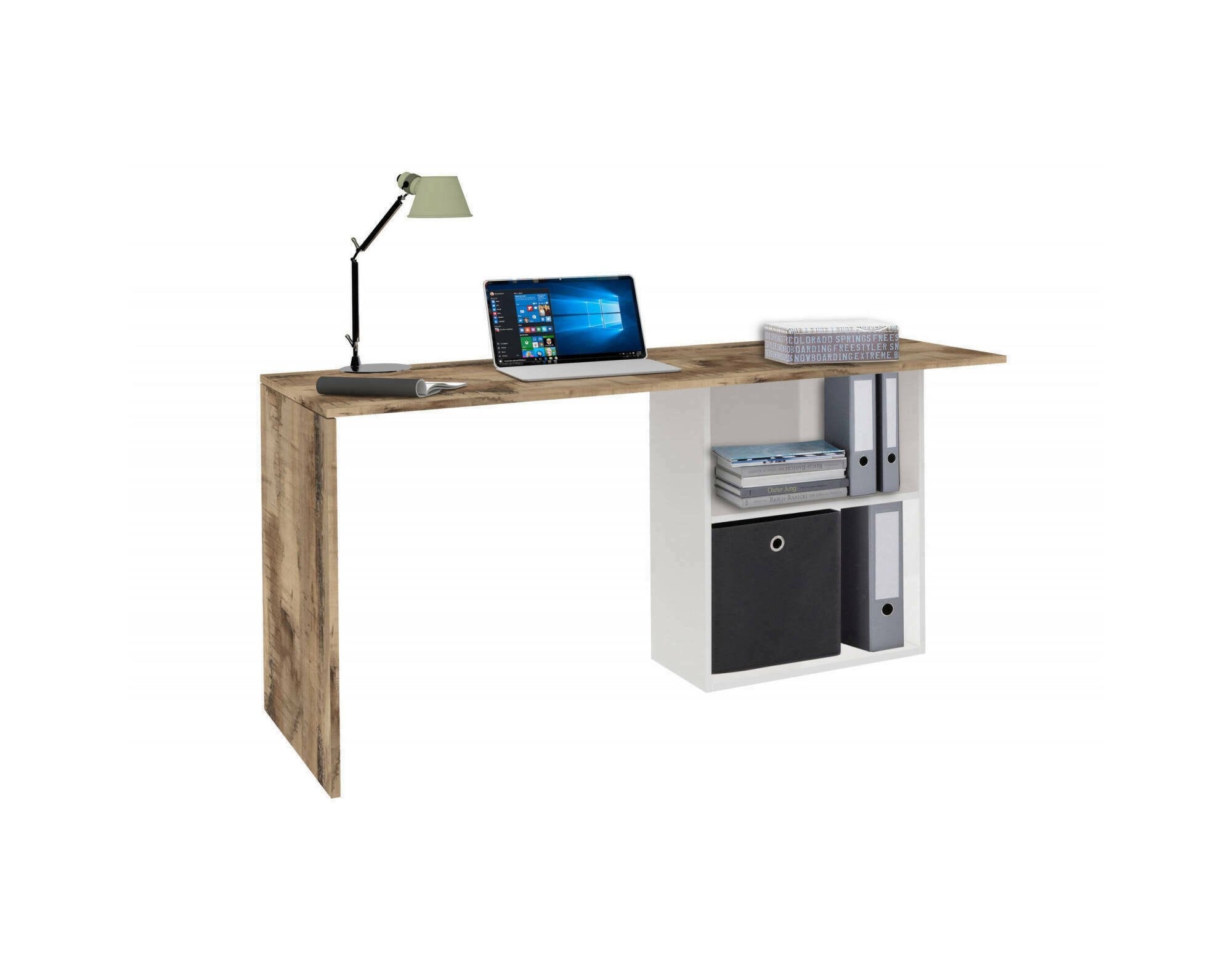 Scrivania lineare per ufficio e studio con Antioco, Made in Italy, Tavolo minimal, Scrittoio porta PC, cm 110x50h75, Bianco lucido e Acero