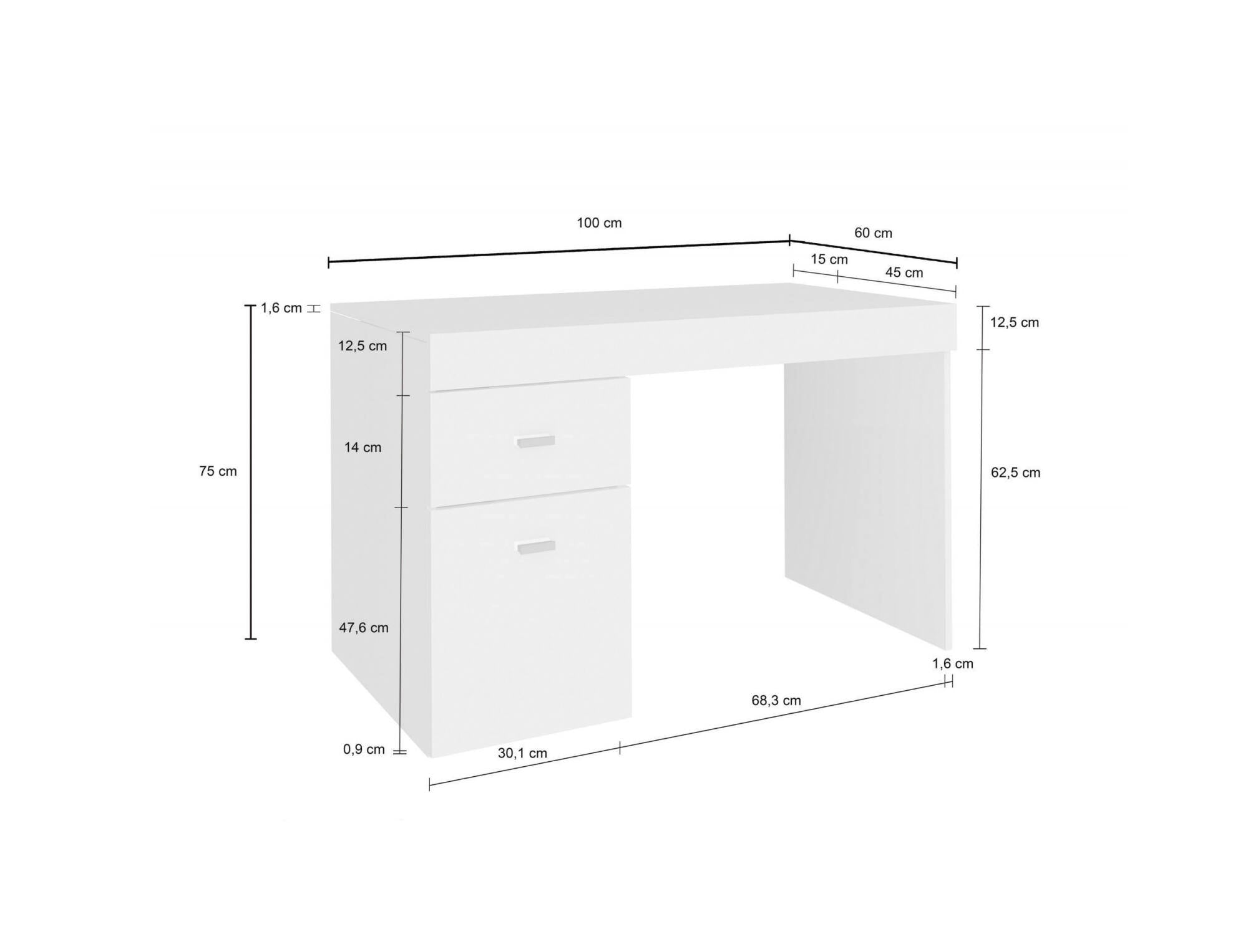 Scrivania per ufficio con cassettiera e piano Alpaca, Made in Italy, Scrittoio porta PC, cm 100x60h75, Bianco lucido Larice