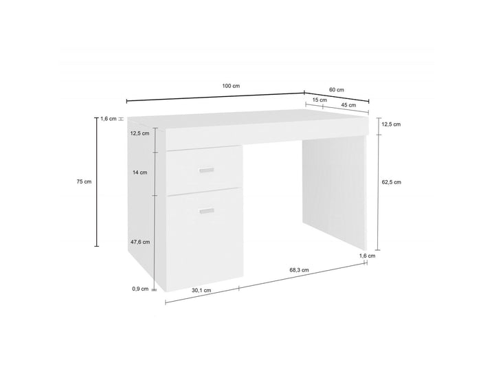 Scrivania per ufficio con cassettiera e piano Alpaca, Made in Italy, Scrittoio porta PC, cm 100x60h75, Bianco lucido Larice
