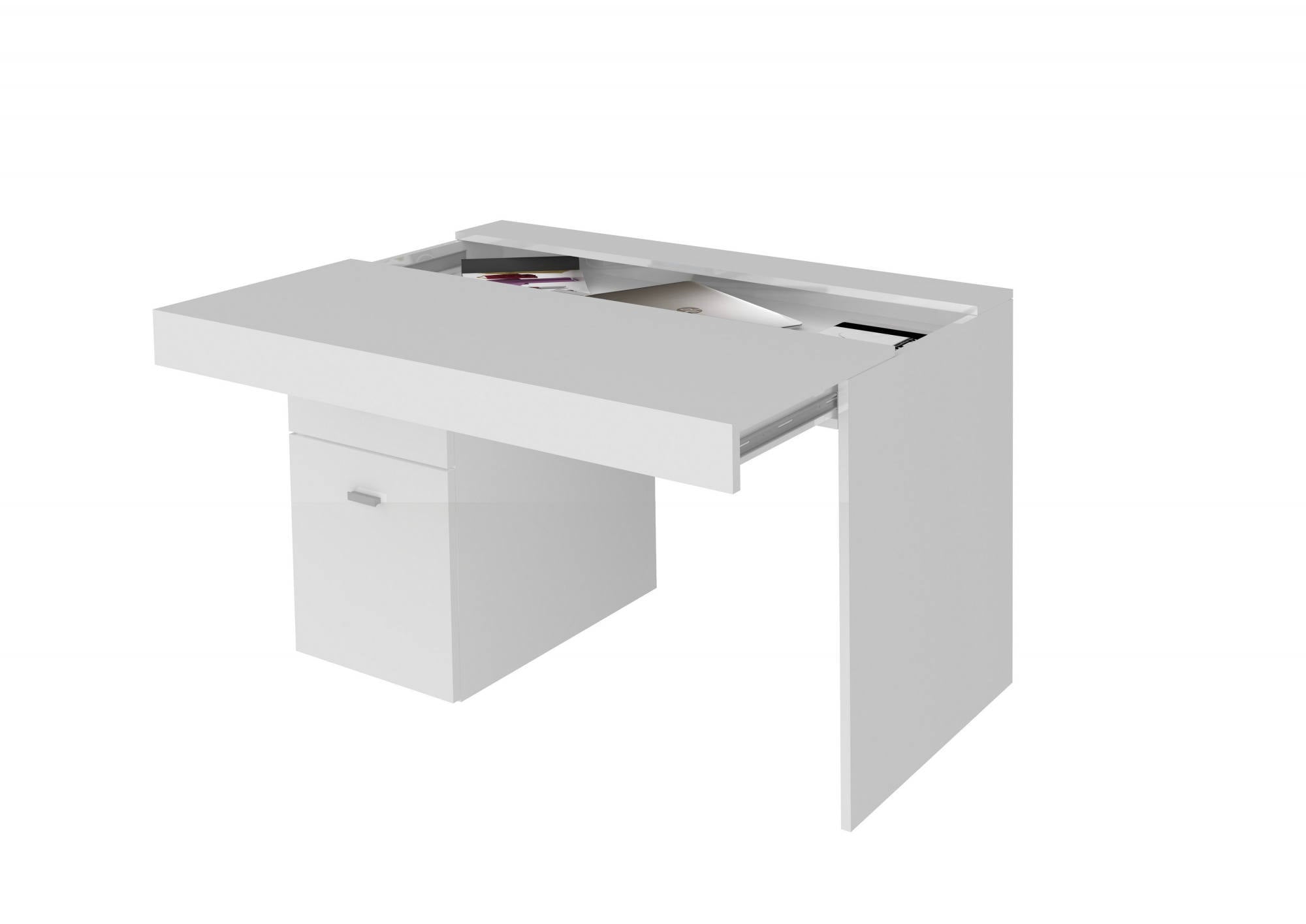 Scrivania per ufficio con cassettiera e piano Alpaca, Made in Italy, Scrittoio porta PC, cm 100x60h75, Bianco lucido Larice