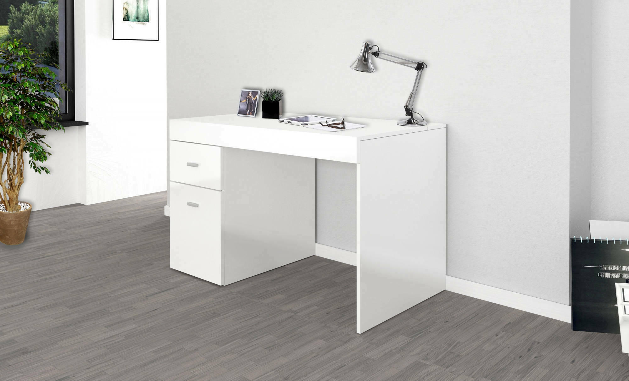 Scrivania per ufficio con cassettiera e piano Alpaca, Made in Italy, Scrittoio porta PC, cm 100x60h75, Bianco lucido Larice