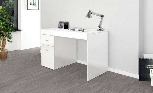 Scrivania per ufficio con cassettiera e piano Alpaca, Made in Italy, Scrittoio porta PC, cm 100x60h75, Bianco lucido Larice