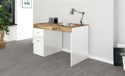 Scrivania per ufficio con cassettiera e piano Alpaca, Made in Italy, Scrittoio porta PC, cm 100x60h75, Bianco lucido e Acero