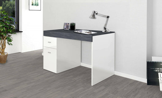 Scrivania per ufficio con cassettiera e piano Alpaca, Made in Italy, Scrittoio porta PC, cm 100x60h75, Bianco lucido e Grigio Cenere