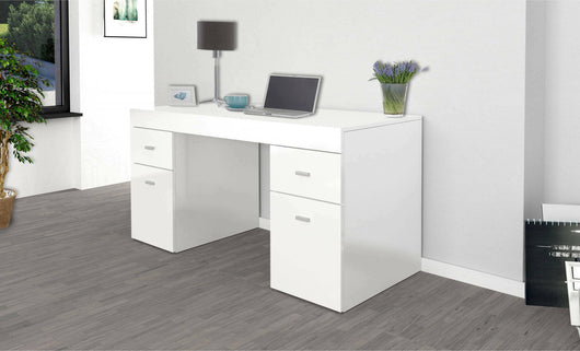 Scrivania per ufficio con cassettiera e piano Aladdin, Made in Italy, Tavolo scrittoio porta PC, cm 130x60h75, Bianco lucido