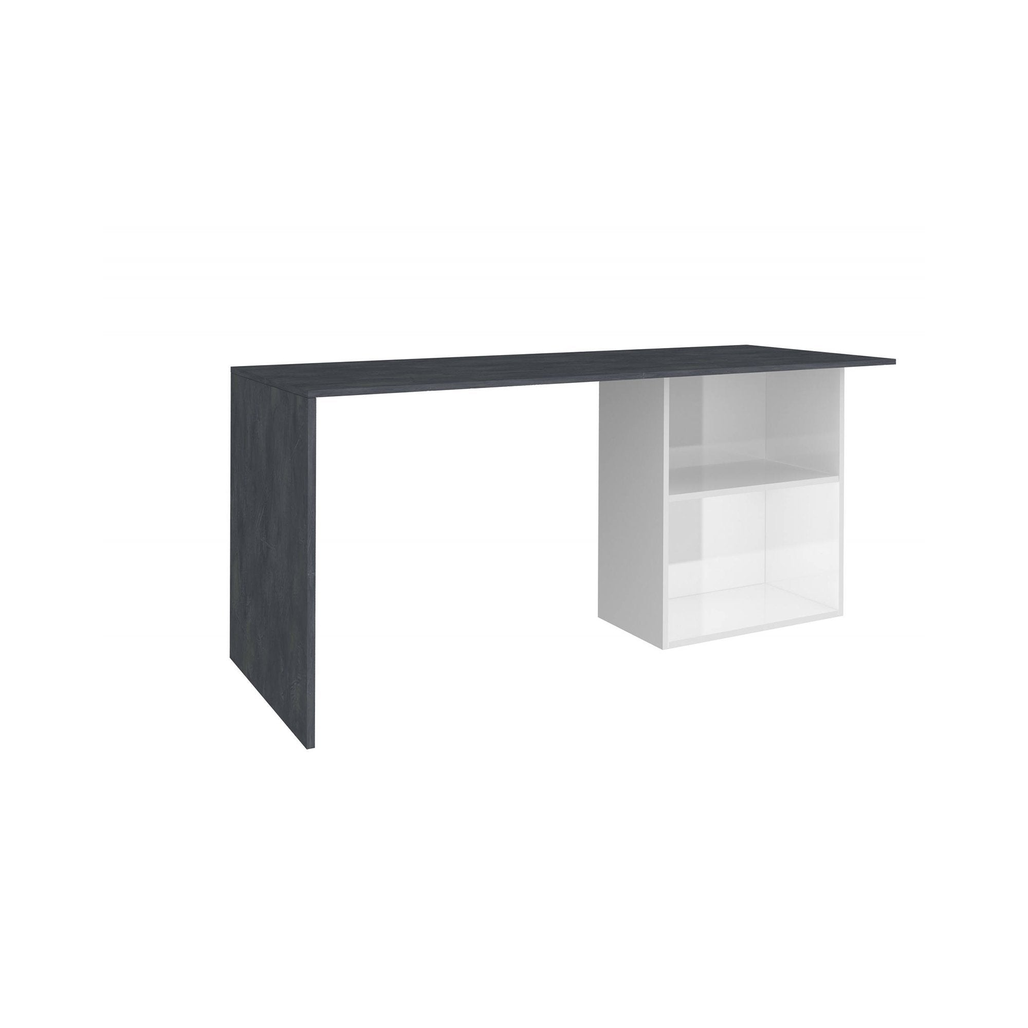 Scrivania lineare per ufficio e studio con Antioco, Made in Italy, Tavolo minimal, Scrittoio porta PC, cm 110x50h75, Bianco lucido e Grigio Cenere