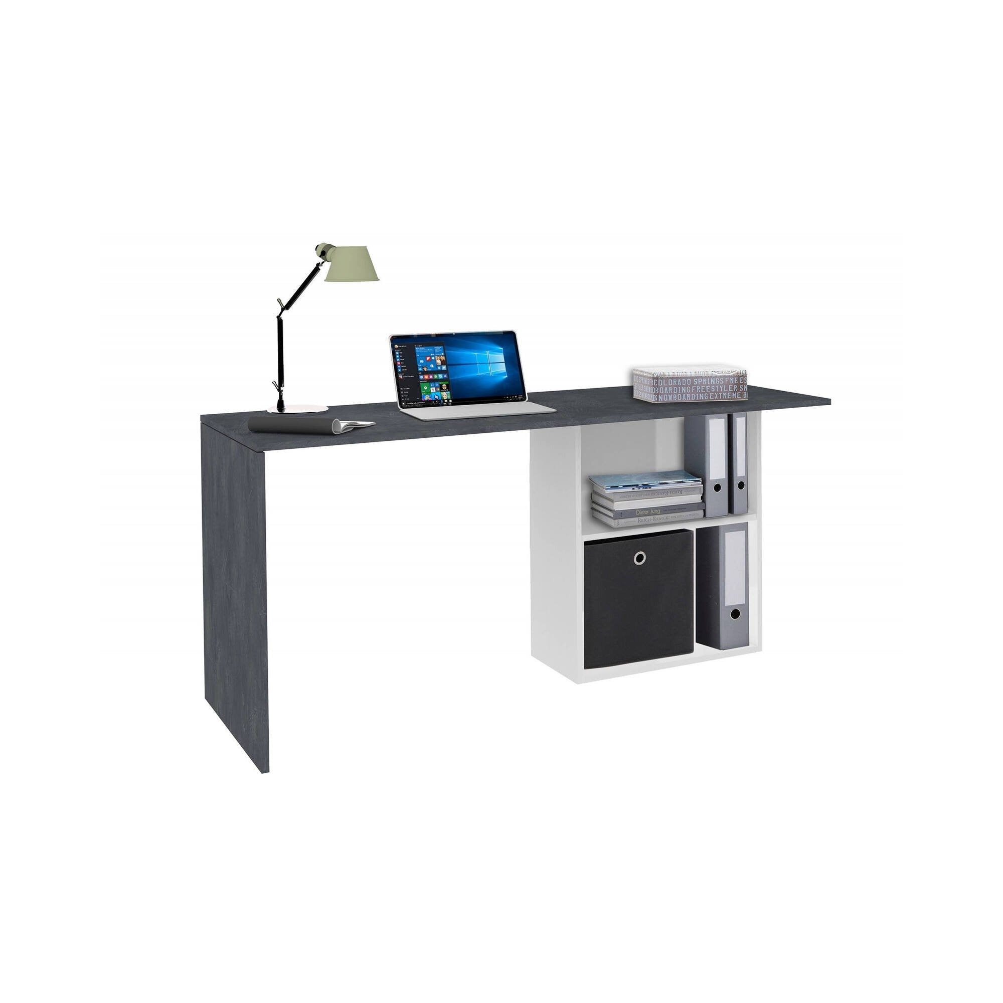 Scrivania lineare per ufficio e studio con Antioco, Made in Italy, Tavolo minimal, Scrittoio porta PC, cm 110x50h75, Bianco lucido e Grigio Cenere