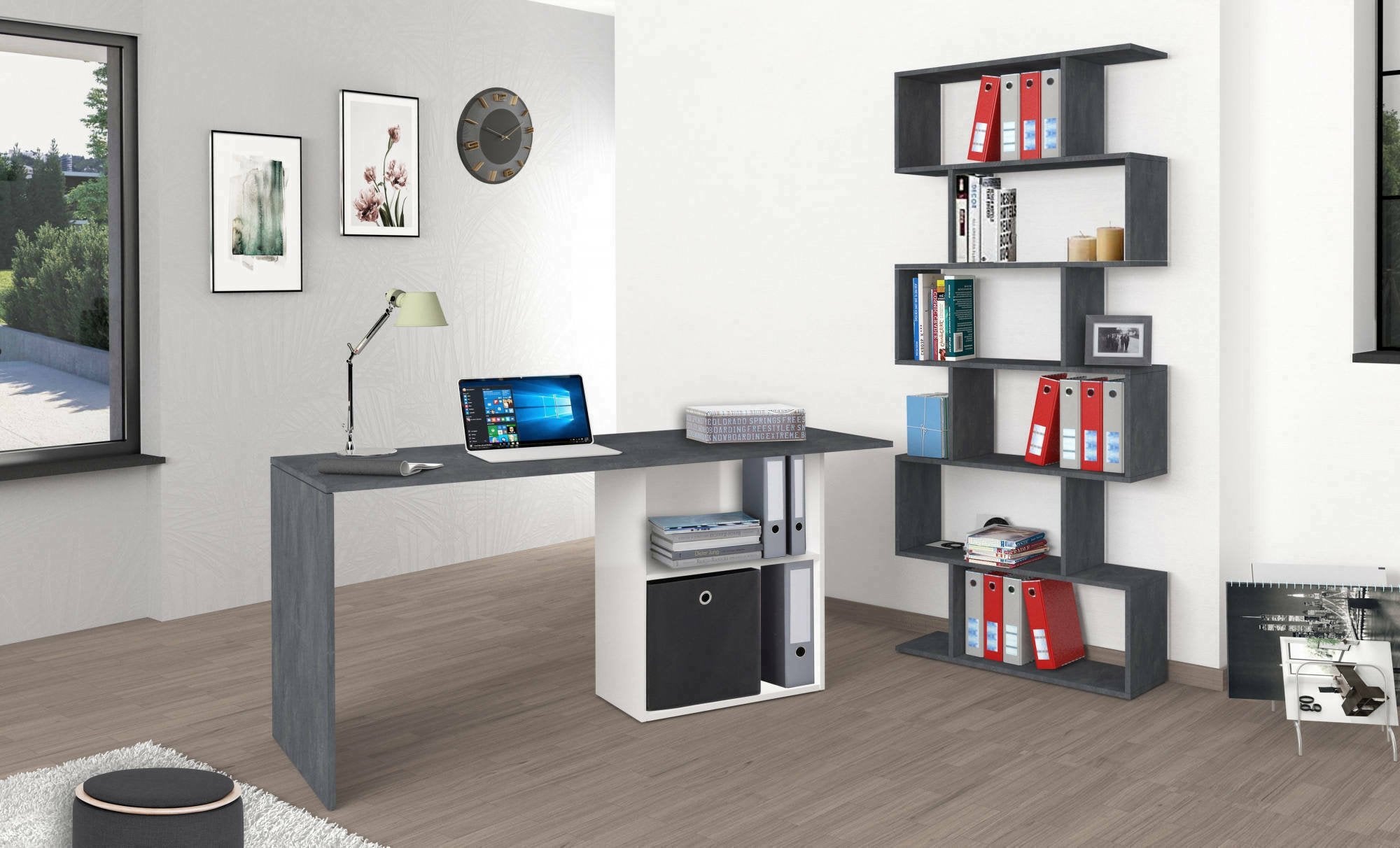 Scrivania lineare per ufficio e studio con Antioco, Made in Italy, Tavolo minimal, Scrittoio porta PC, cm 110x50h75, Bianco lucido e Grigio Cenere