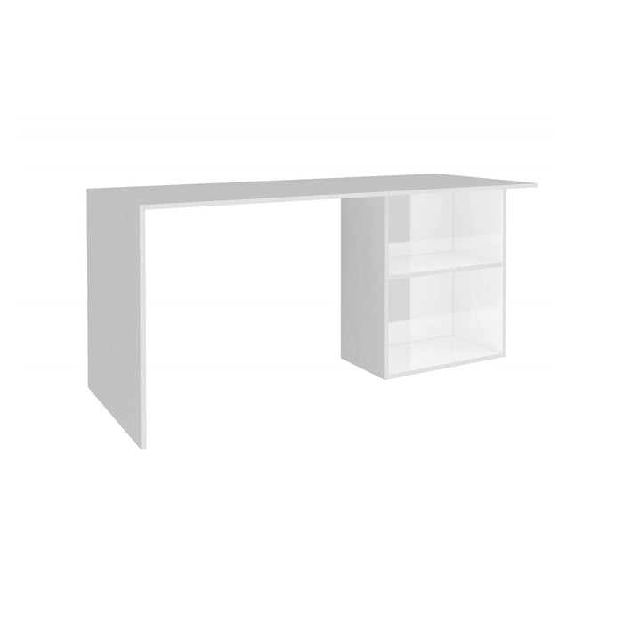 Scrivania lineare per ufficio e studio con Antioco, Made in Italy, Tavolo minimal, Scrittoio porta PC, cm 110x50h75, Bianco lucido