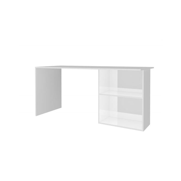 Scrivania lineare per ufficio e studio con Antioco, Made in Italy, Tavolo minimal, Scrittoio porta PC, cm 110x50h75, Bianco lucido