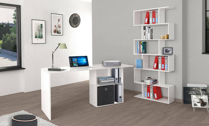 Scrivania lineare per ufficio e studio con Antioco, Made in Italy, Tavolo minimal, Scrittoio porta PC, cm 110x50h75, Bianco lucido