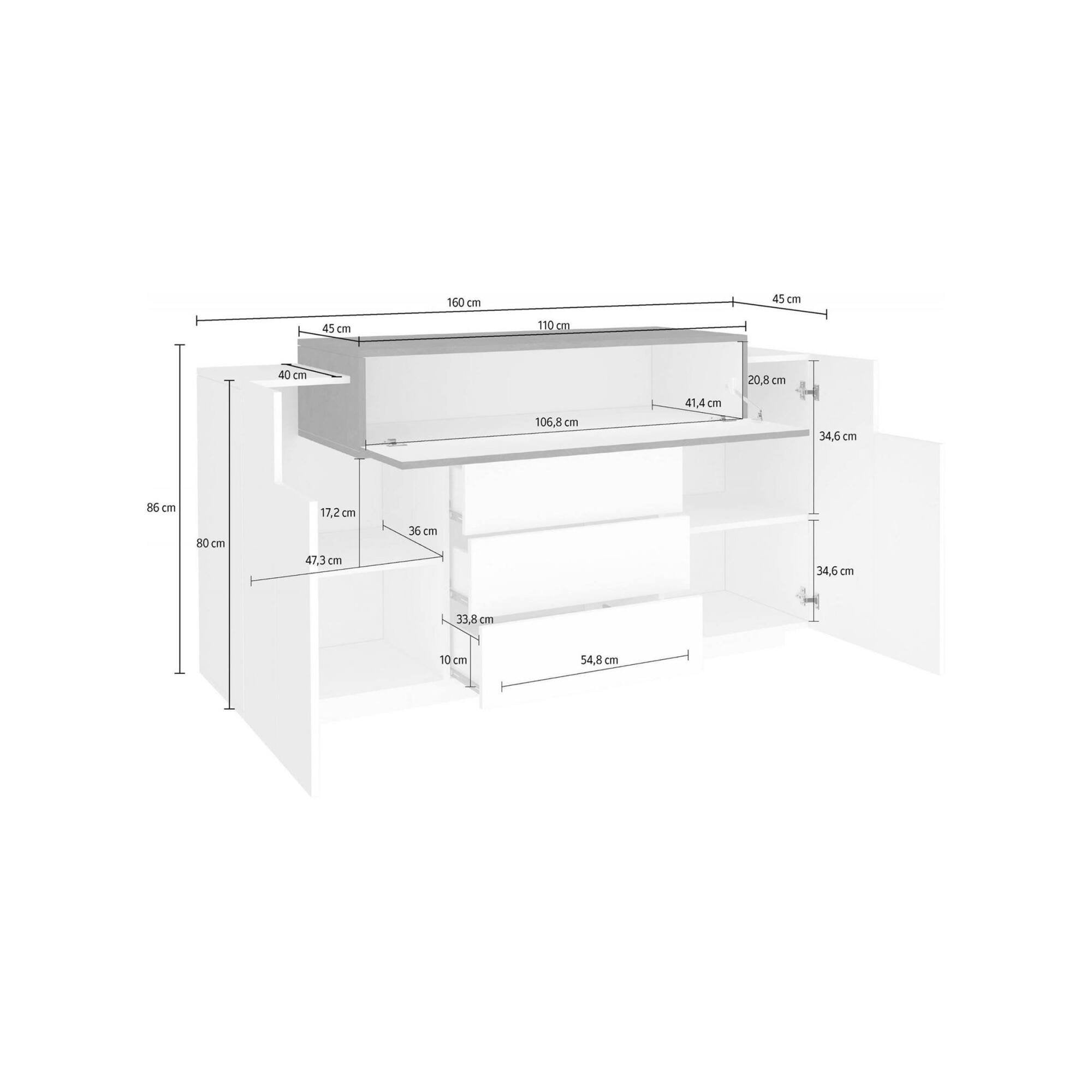 Credenza Arbon, Madia di design a 3 ante, Made in Italy, Mobile Porta TV, Buffet da soggiorno, cm 160x45h86, Bianco lucido e Grigio Cenere