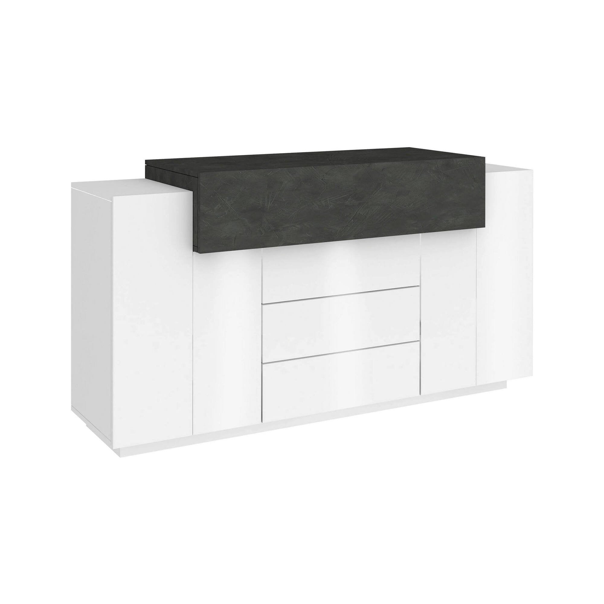 Credenza Arbon, Madia di design a 3 ante, Made in Italy, Mobile Porta TV, Buffet da soggiorno, cm 160x45h86, Bianco lucido e Grigio Cenere