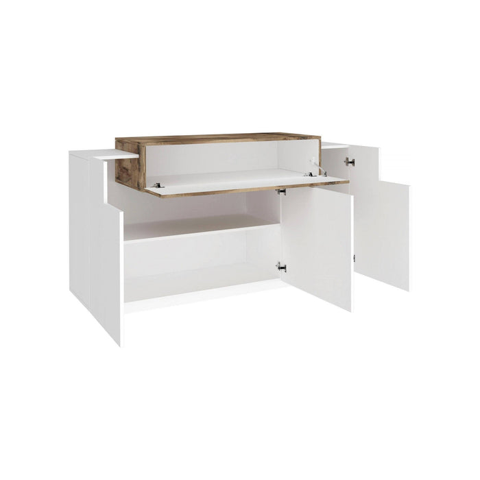 Credenza Angelis, Madia di design a 4 ante, Made in Italy, Mobile Porta TV, Buffet da soggiorno, cm 140x45h86, Bianco lucido e Acero