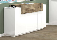Credenza Angelis, Madia di design a 4 ante, Made in Italy, Mobile Porta TV, Buffet da soggiorno, cm 140x45h86, Bianco lucido e Acero