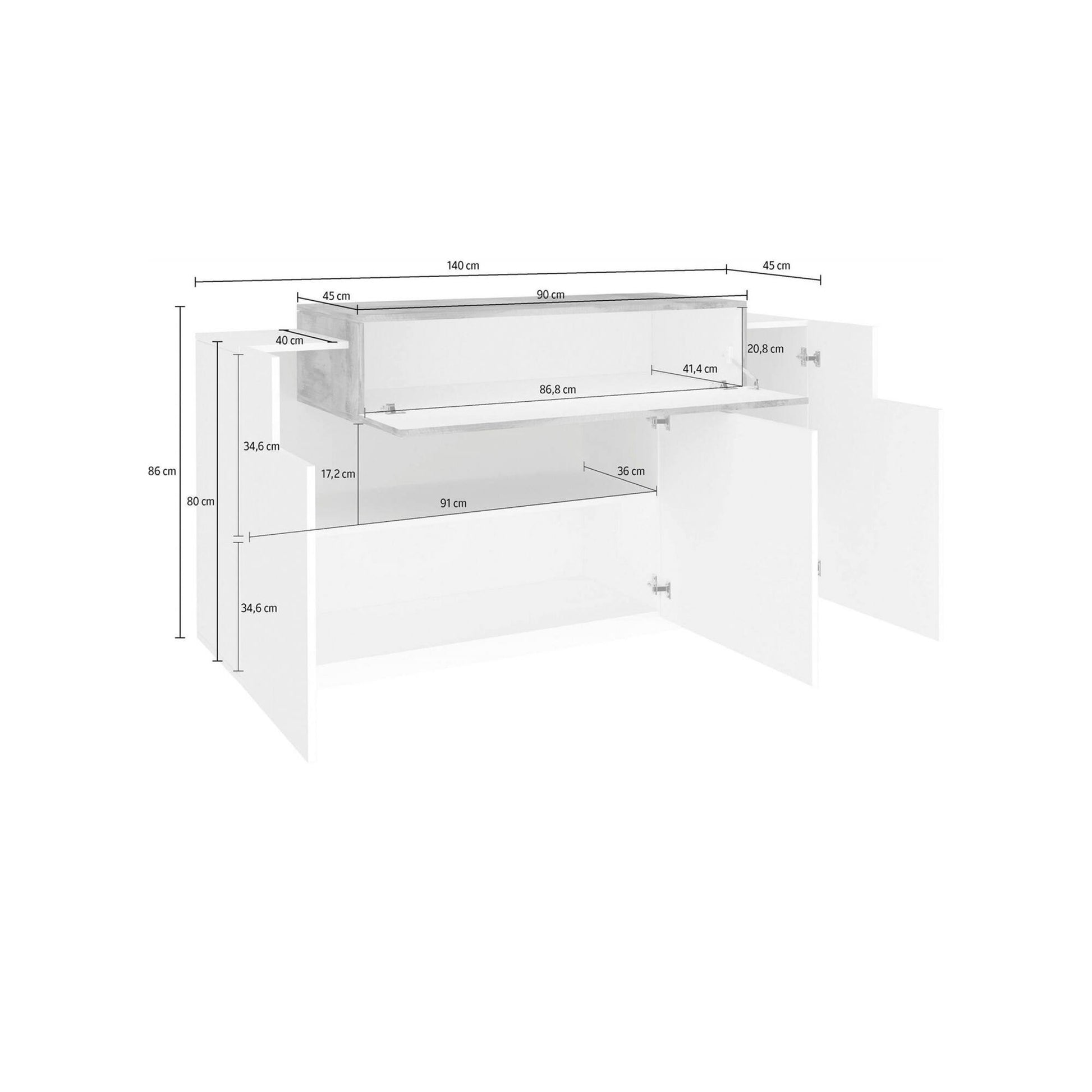 Credenza moderna, Madia di design a 4 ante, Made in Italy, Mobile Porta TV, Buffet da soggiorno, cm 140x45h86, Bianco lucido e Acero