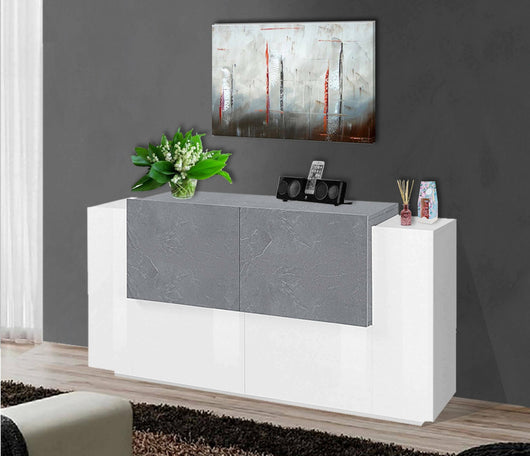 Credenza moderna a 4 Muscari, Made in Italy, Madia da cucina, Buffet di design da soggiorno, cm 160x45h86, Bianco lucido e Cemento