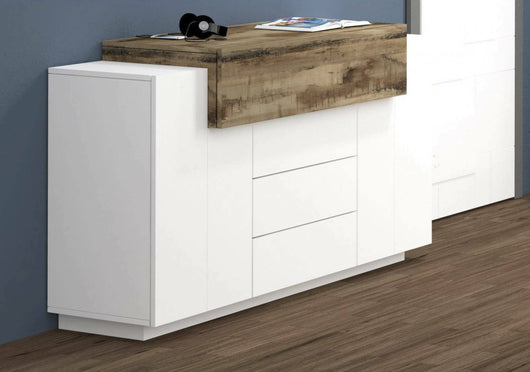 Credenza Arbon, Madia di design a 3 ante, Made in Italy, Mobile Porta TV, Buffet da soggiorno, cm 160x45h86, Bianco lucido e Acero