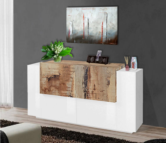 Credenza moderna a 4 Muscari, Made in Italy, Madia da cucina, Buffet di design da soggiorno, cm 160x45h86, Bianco lucido e Acero
