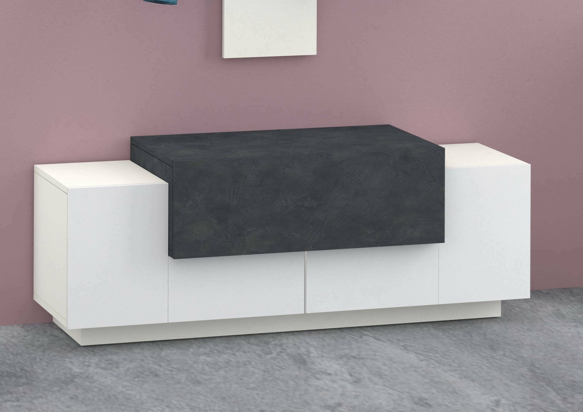Mobile da ingresso a 3 Aspera, Made in Italy, Credenza da soggiorno Porta TV, cm 120x45h46, Bianco lucido e Grigio Cenere
