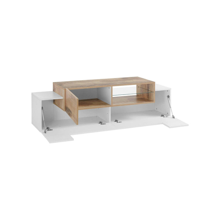 Mobile da soggiorno Porta Andris, Made in Italy, Credenza per Andris da salotto a 3 ante, cm 160x45h51, Bianco lucido e Acero
