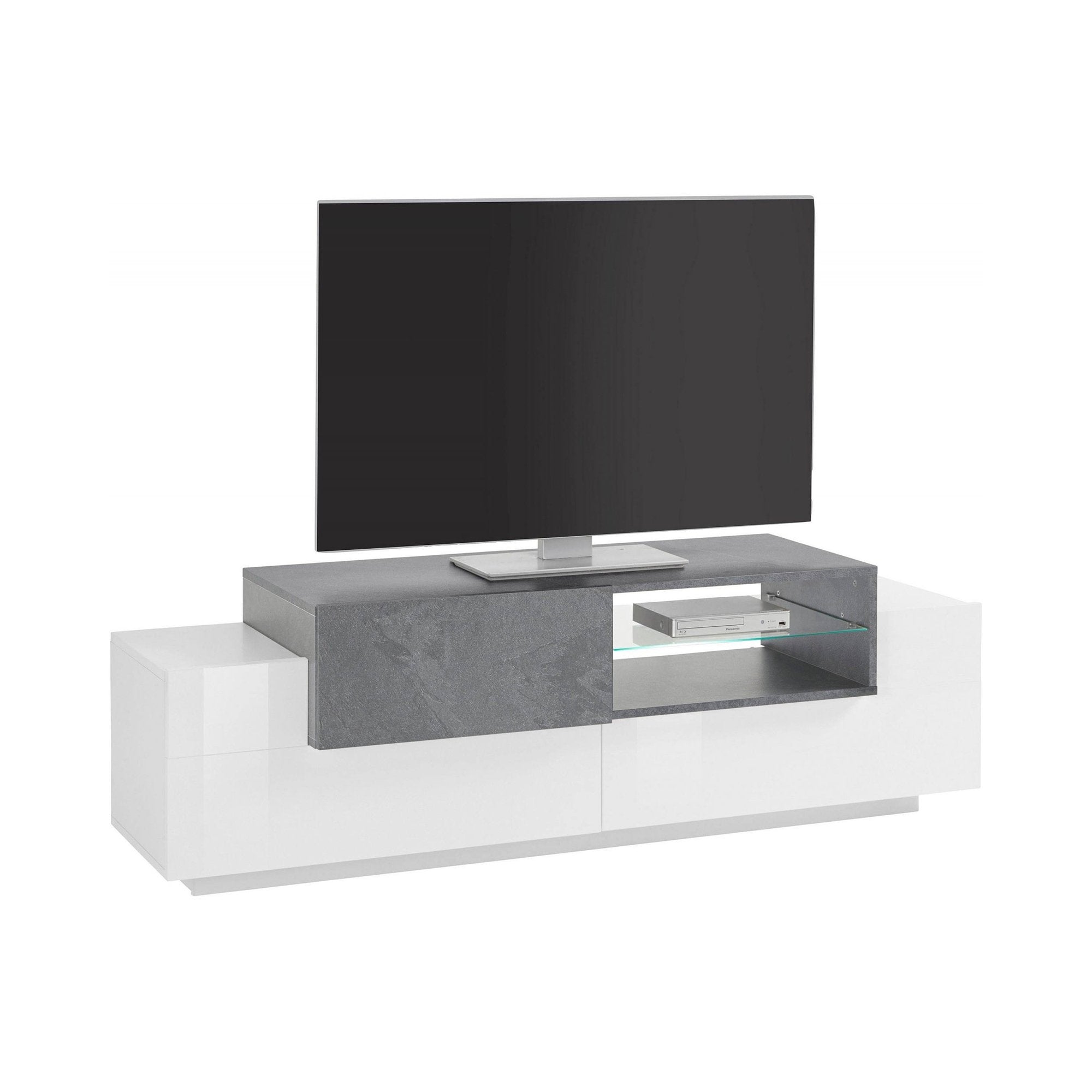 Mobile da soggiorno Porta Andris, Made in Italy, Credenza per Andris da salotto a 3 ante, cm 160x45h51, Bianco lucido e Grigio Cemento
