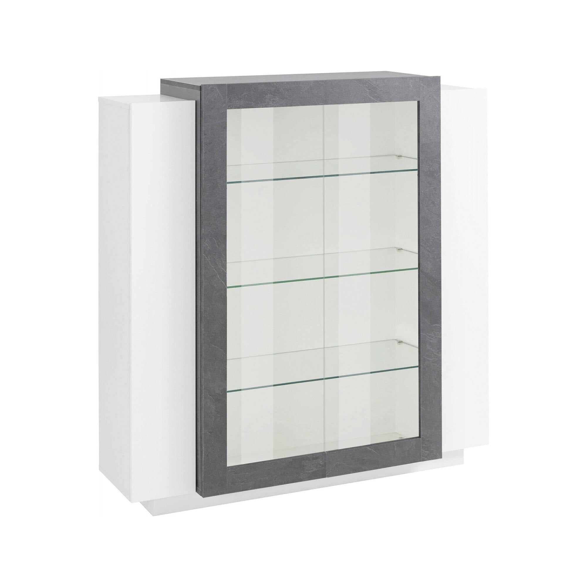 Vetrina moderna con anta a Austino, Made in Italy, Credenza con luce LED bianca, Vetrinetta da soggiorno, cm 120x45h115, Bianco lucido e Grigio Ardesia