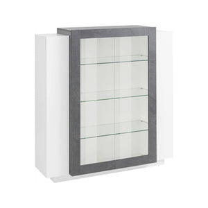 Vetrina moderna con anta a Austino, Made in Italy, Credenza con luce LED bianca, Vetrinetta da soggiorno, cm 120x45h115, Bianco lucido e Grigio Ardesia