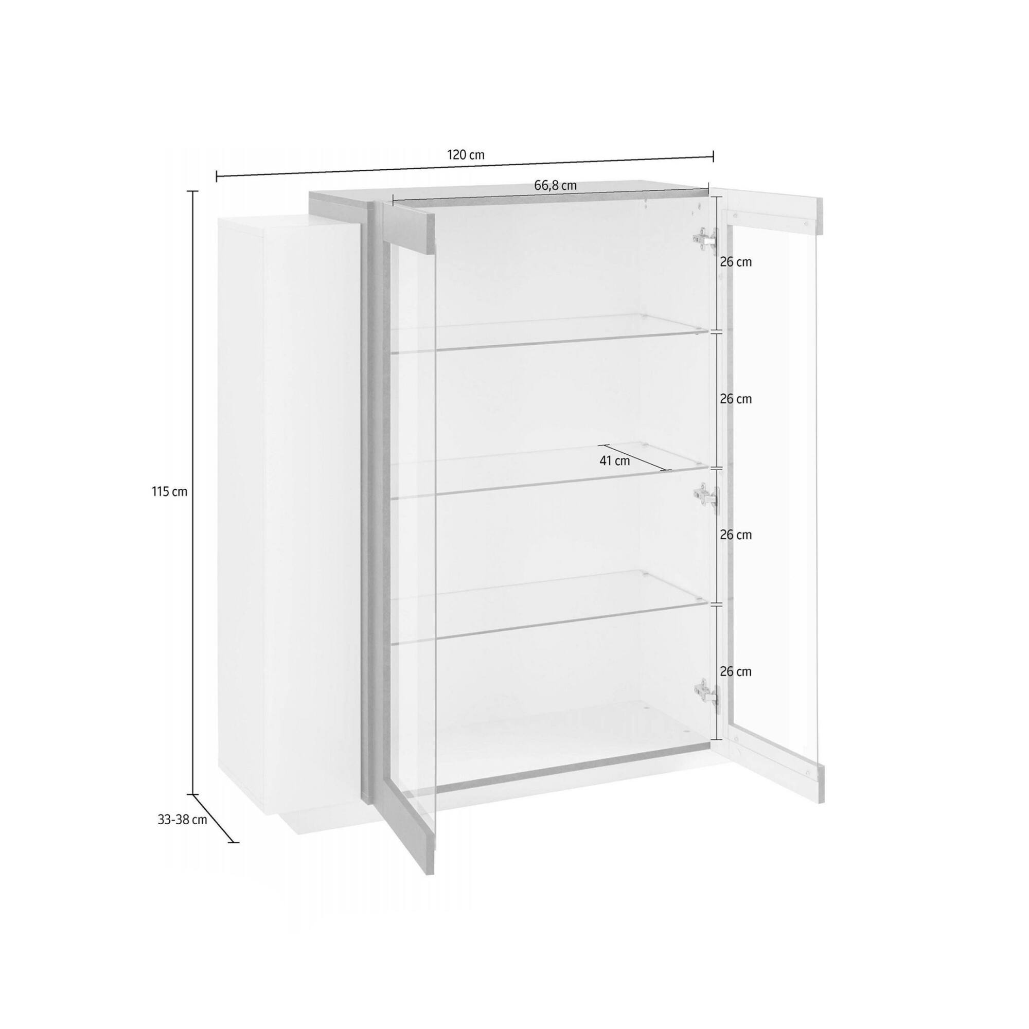 Vetrina moderna con anta a Austino, Made in Italy, Credenza con luce LED bianca, Vetrinetta da soggiorno, cm 120x45h115, Bianco lucido e Grigio Ardesia