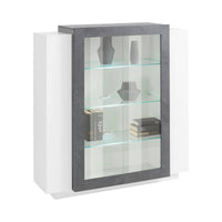 Vetrina moderna con anta a Austino, Made in Italy, Credenza con luce LED bianca, Vetrinetta da soggiorno, cm 120x45h115, Bianco lucido e Grigio Ardesia
