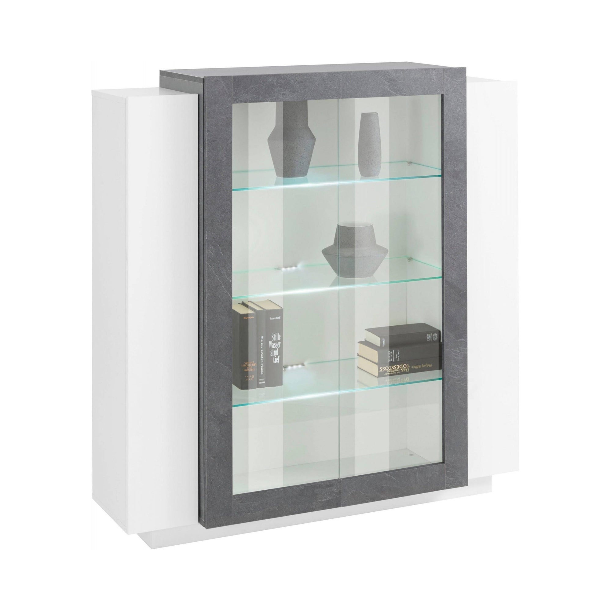 Vetrina moderna con anta a Austino, Made in Italy, Credenza con luce LED bianca, Vetrinetta da soggiorno, cm 120x45h115, Bianco lucido e Grigio Ardesia