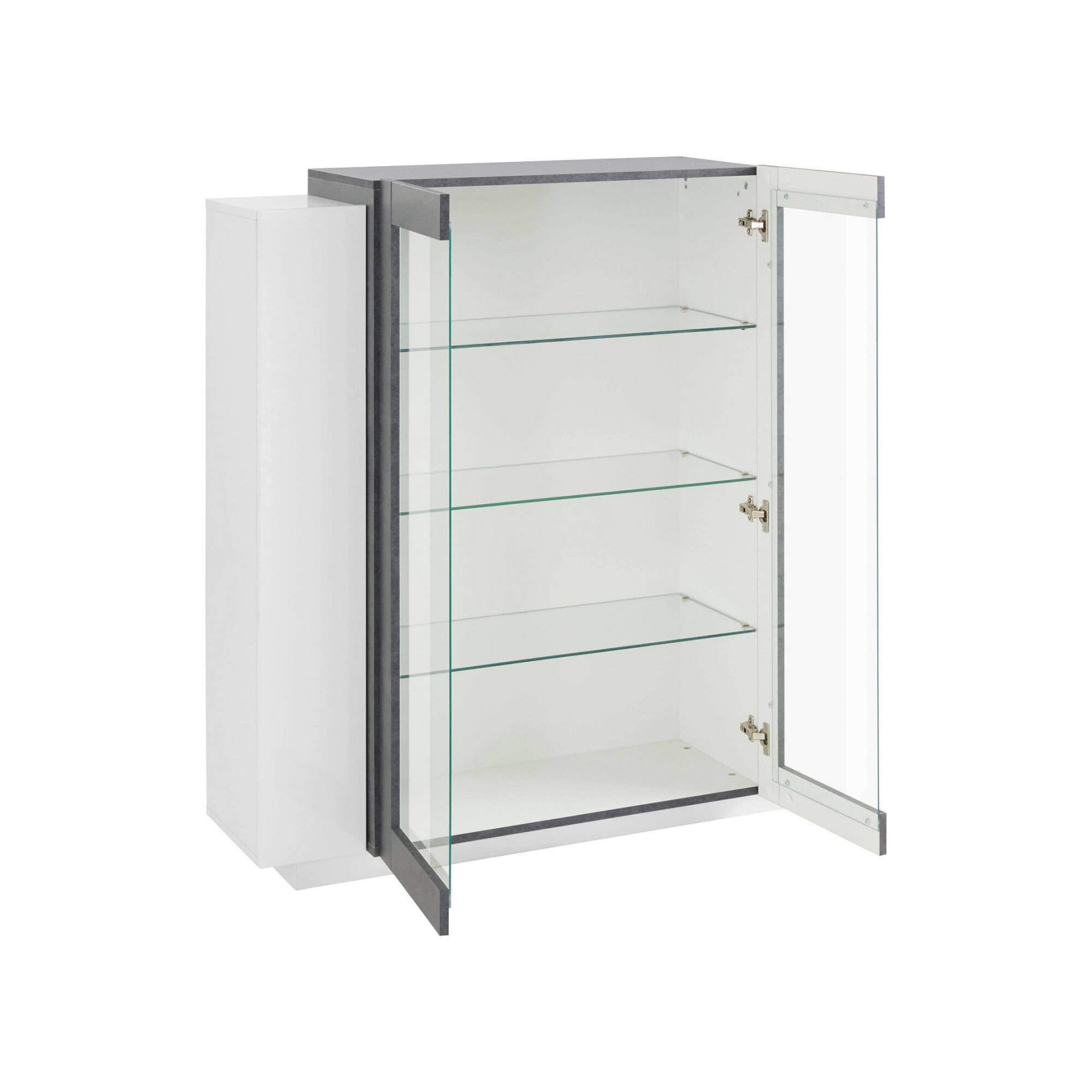 Vetrina moderna con anta a Austino, Made in Italy, Credenza con luce LED bianca, Vetrinetta da soggiorno, cm 120x45h115, Bianco lucido e Grigio Ardesia
