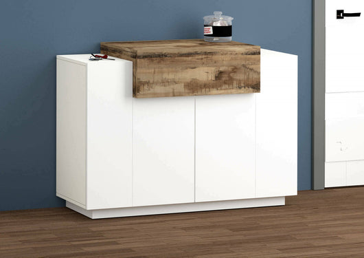 Scarpiera Aristotle, Made in Italy, a 2 ante e 1 anta a ribalta, Portascarpe da ingresso, Mobile multiuso, cm 120x45h86, Bianco lucido e Acero