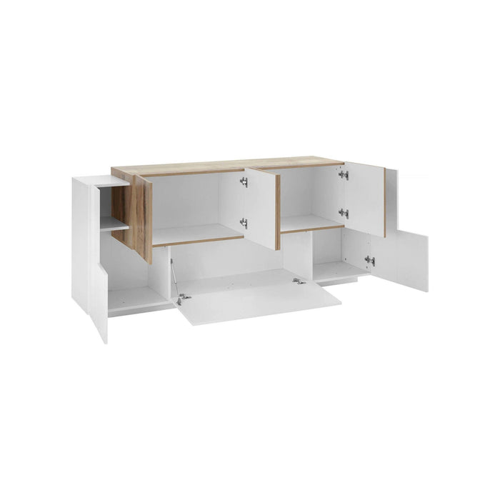 Credenza moderna a 7 Astice, Made in Italy, Madia da cucina, Buffet di design da soggiorno, cm 200x45h86, Bianco lucido e Acero