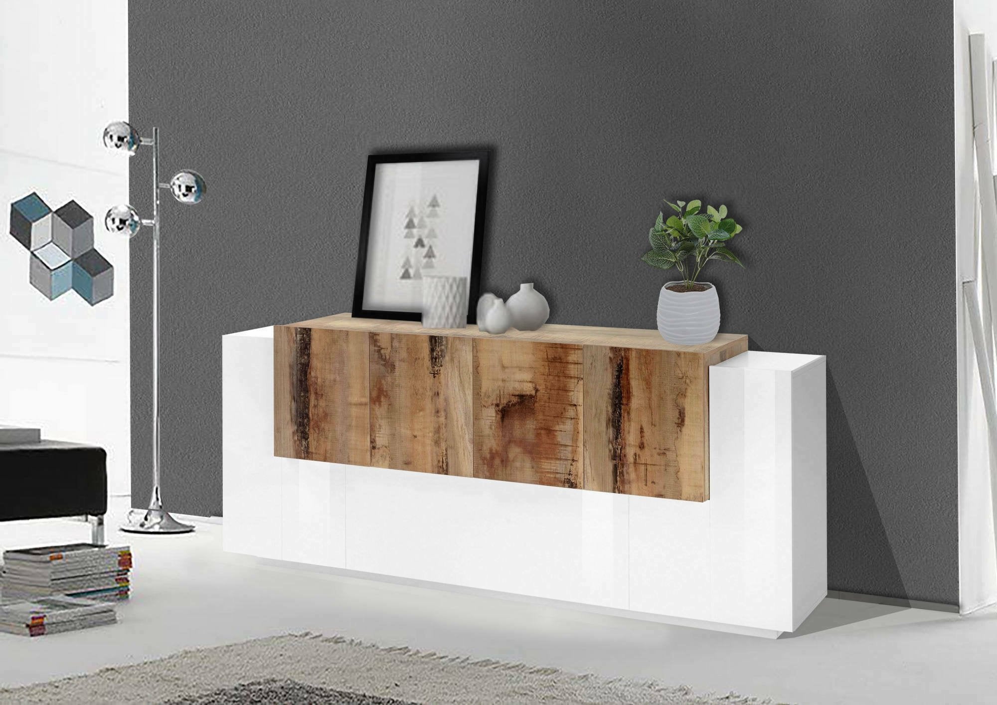 Credenza moderna a 7 Astice, Made in Italy, Madia da cucina, Buffet di design da soggiorno, cm 200x45h86, Bianco lucido e Acero