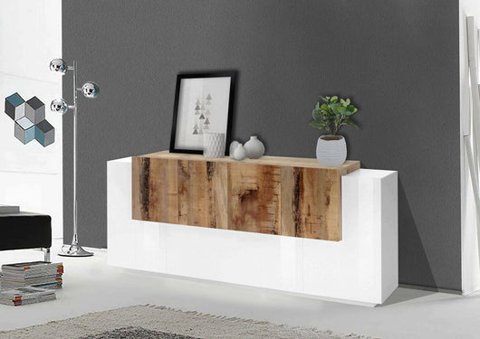 Credenza moderna a 7 Astice, Made in Italy, Madia da cucina, Buffet di design da soggiorno, cm 200x45h86, Bianco lucido e Acero