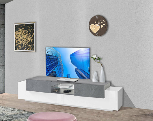 Mobile da soggiorno Porta Amato, Made in Italy, Credenza per Amato da salotto a 4 ante e ripiani, cm 220x45h51, Bianco lucido e Grigio Ardesia