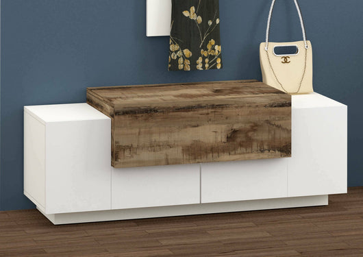 Mobile da ingresso a 3 Aspera, Made in Italy, Credenza da soggiorno Porta TV, cm 120x45h46, Bianco lucido e Acero