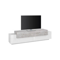 Mobile da soggiorno Porta Arold, Made in Italy, Supporto per Arold da salotto a 3 ante e ripiani, cm 200x45h52, Bianco lucido e Cemento