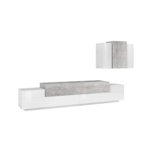 Parete attrezzata da soggiorno Alaskino, Made in Italy, Mobile porta TV e pensile , Set salotto moderno, cm 280x45h180, Bianco lucido e Cemento