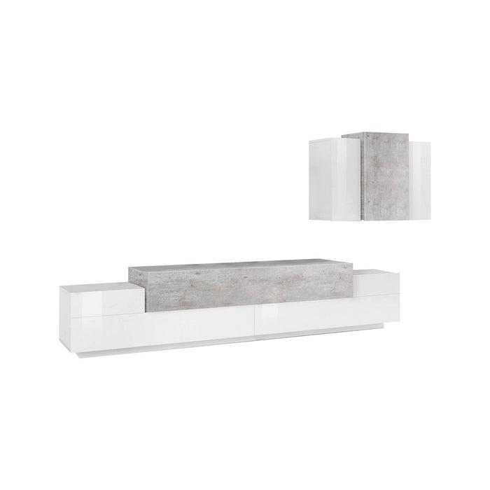 Parete attrezzata da soggiorno Alaskino, Made in Italy, Mobile porta TV e pensile , Set salotto moderno, cm 280x45h180, Bianco lucido e Cemento