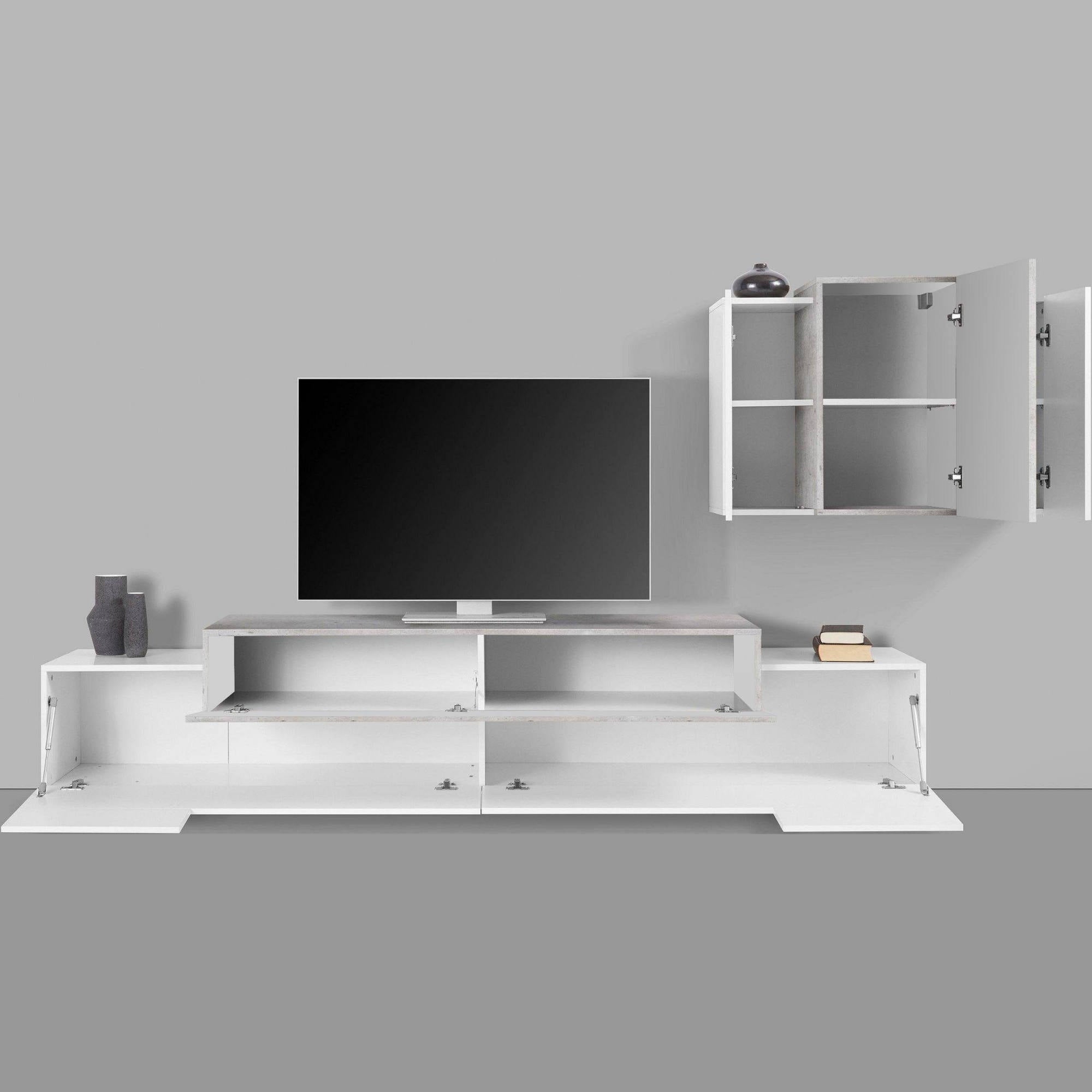 Parete attrezzata da soggiorno Alaskino, Made in Italy, Mobile porta TV e pensile , Set salotto moderno, cm 280x45h180, Bianco lucido e Cemento