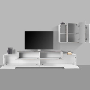 Parete attrezzata da soggiorno Alaskino, Made in Italy, Mobile porta TV e pensile , Set salotto moderno, cm 280x45h180, Bianco lucido e Cemento